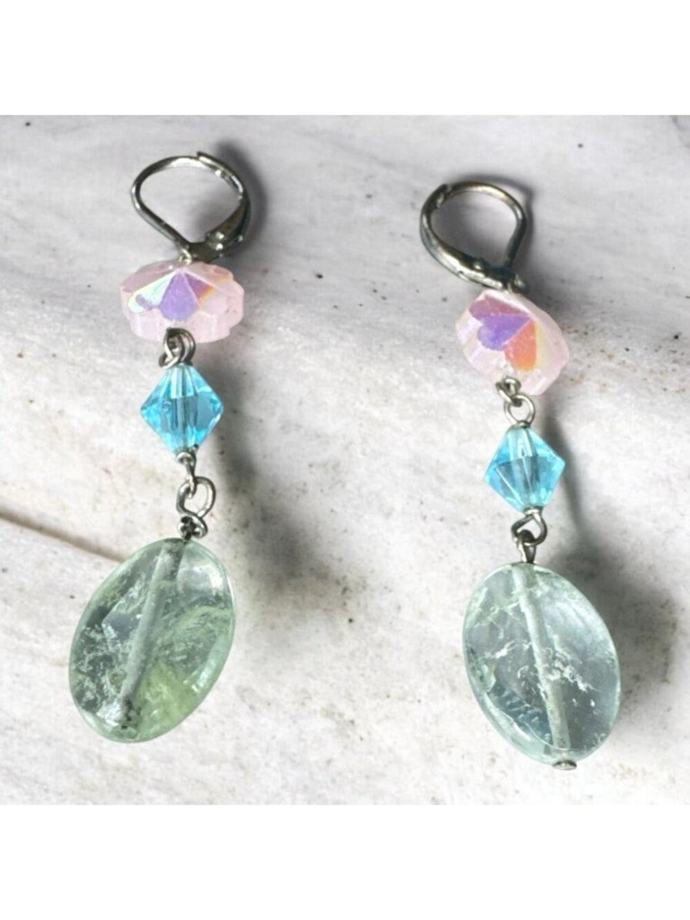 Handcrafted Dangle Earrings With Pink Floral Beads Blue Crystals & Green Gemston